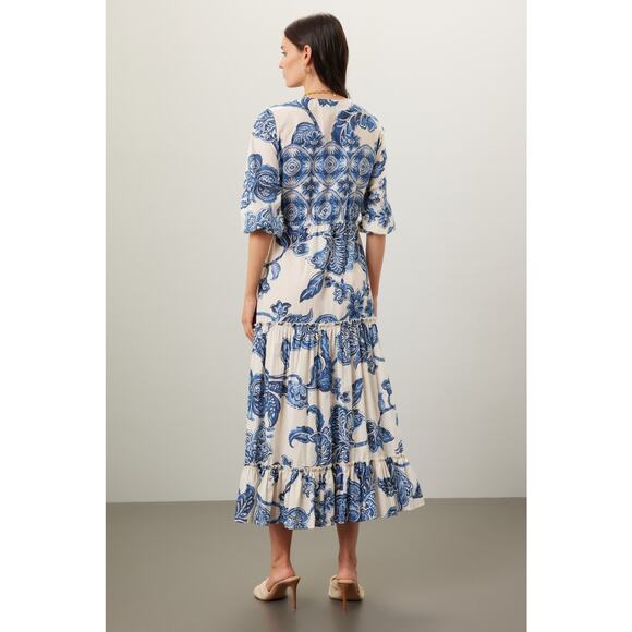 FIFTEEN TWENTY Blue Floral 100% Cotton V-Neck Tiered A-Line Dress Size Small - Picture 2 of 14